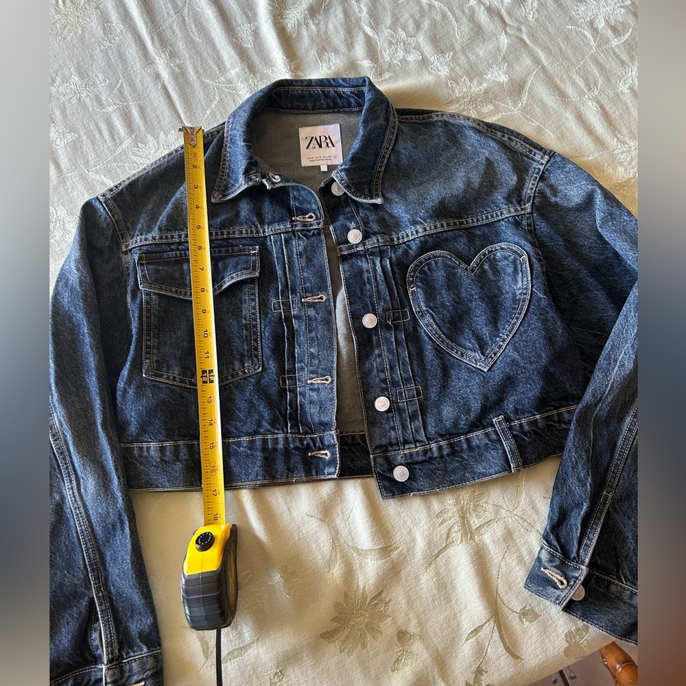 Zara Dark Blue Cropped Denim Jacket with Heart Patch